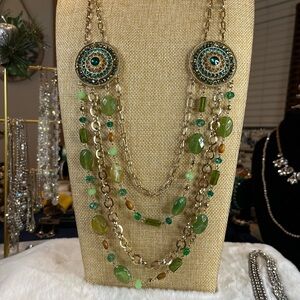 Elegant Green and Gold Multi Stand Crystal and Bead Bo Ho Nexklace